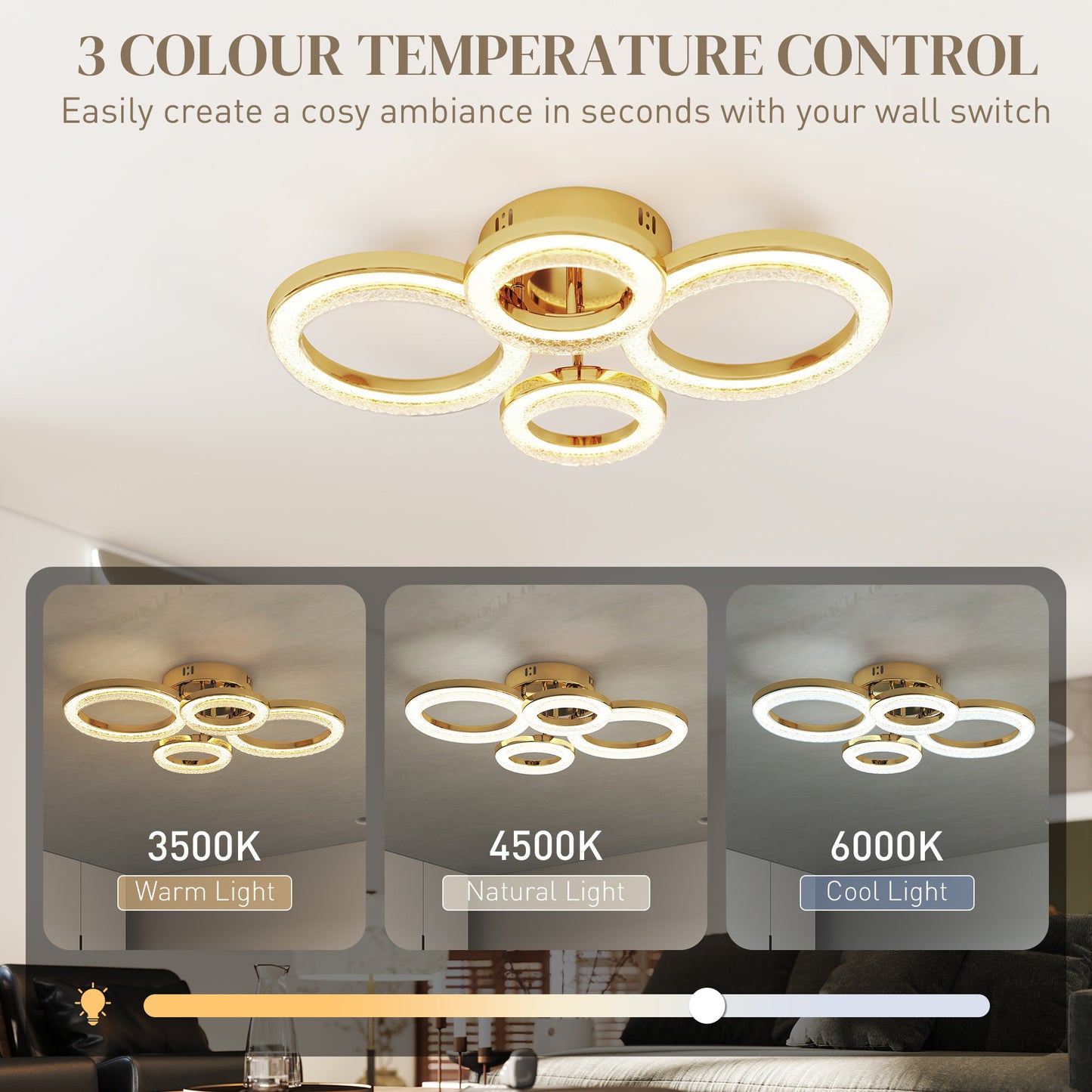 HOMCOM 4-Ring LED Ceiling Light, Flush Mount Ceiling Light with 3 Colour Temperatures, Gold Tone