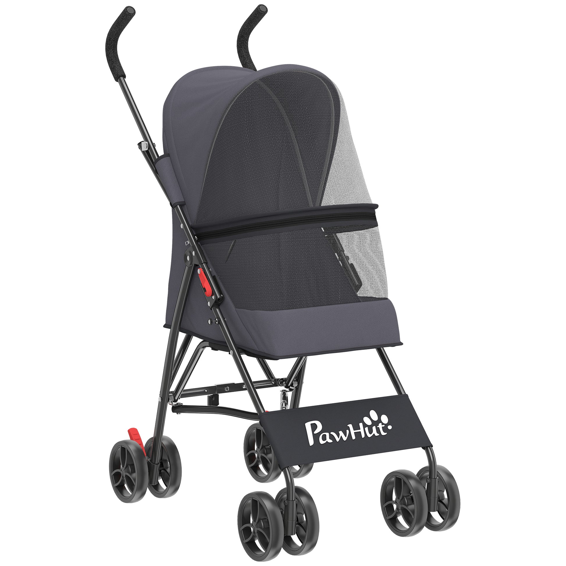 Photo of PawHut Dog Stroller, Foldable Cat Dog Pram for Miniature Breeds, Pet Stroller with Brake, Mesh Windows, Dark Grey in Grey colour on a white background