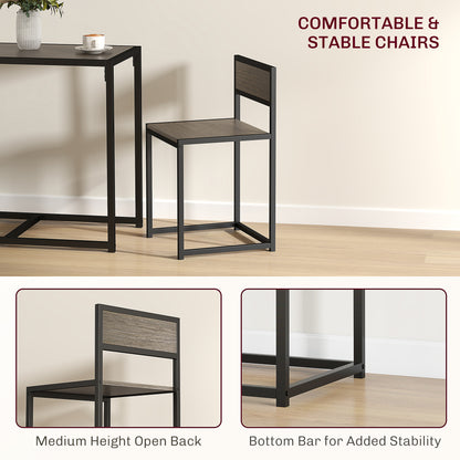 Dining set detail showing a gray wood-effect chair with open back and steel frame