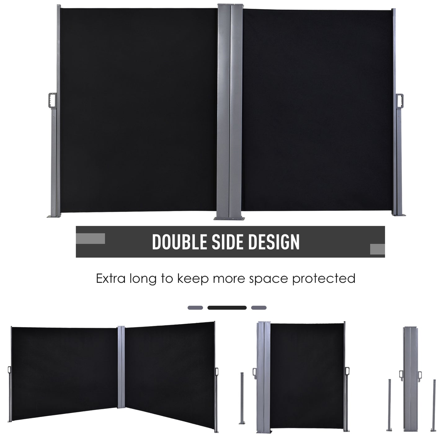 Outsunny 600 x 180 cm (HxL) Retractable Awning Double Canopy Side Privacy Protection Sun Shade Side Blind w/ Steel Frame Versatile Use In Garden Patio - Black