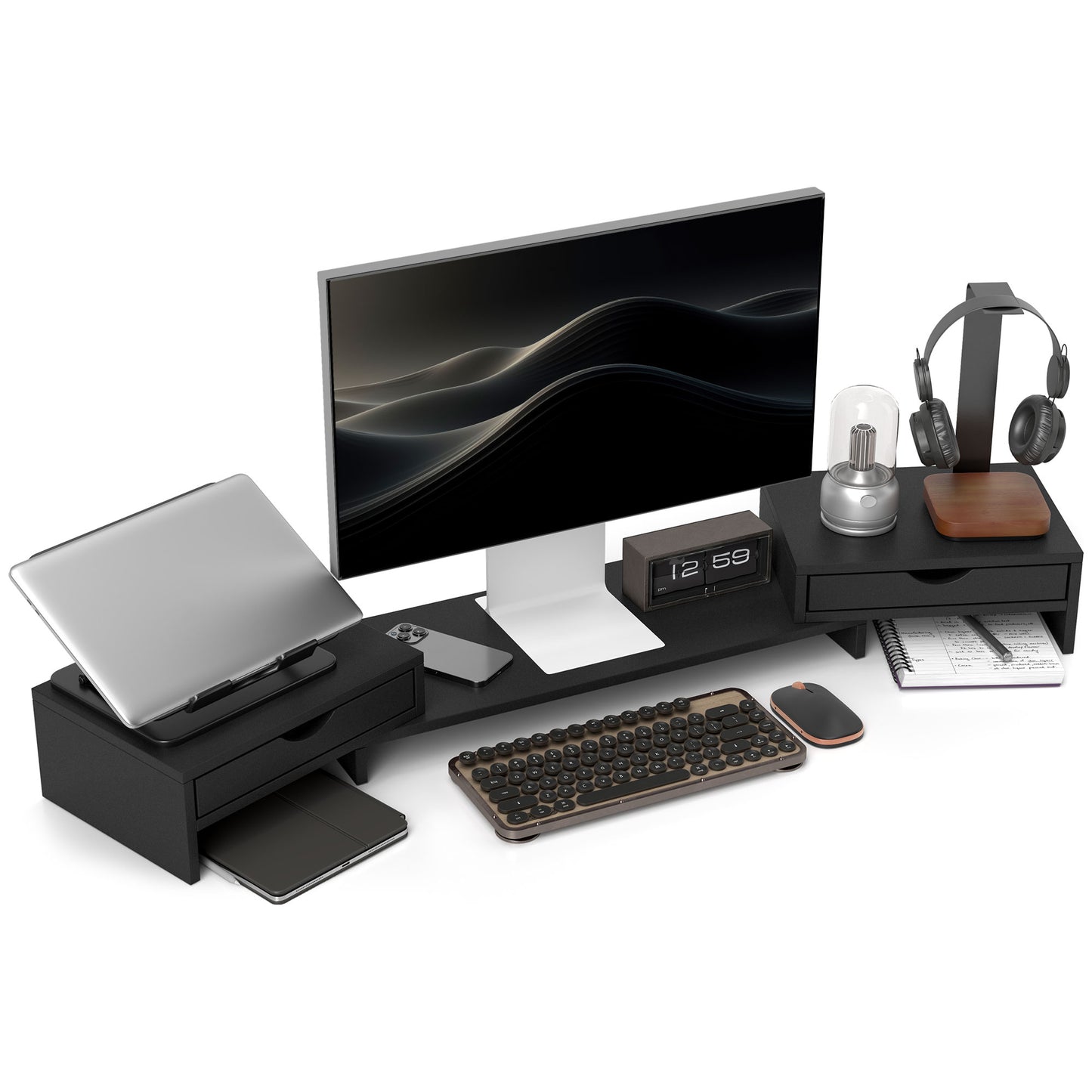 Photo of HOMCOM Dual Monitor Stand Riser with 2 Drawers, Adjustable Length and Angle, 116cm Monitor Riser for Laptop, Computer, PC, Small Printer, Black in Black colour on a white background