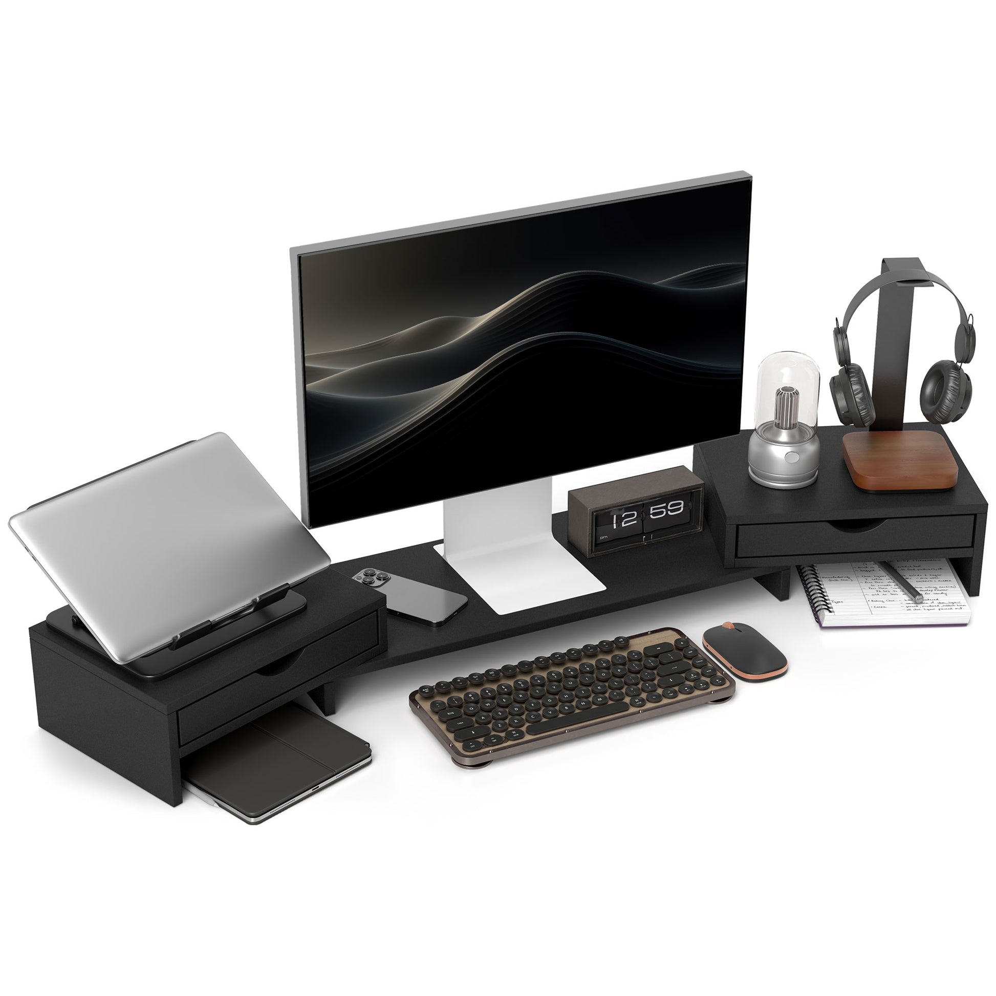 Photo of HOMCOM Dual Monitor Stand Riser with 2 Drawers, Adjustable Length and Angle, 116cm Monitor Riser for Laptop, Computer, PC, Small Printer, Black in Black colour on a white background