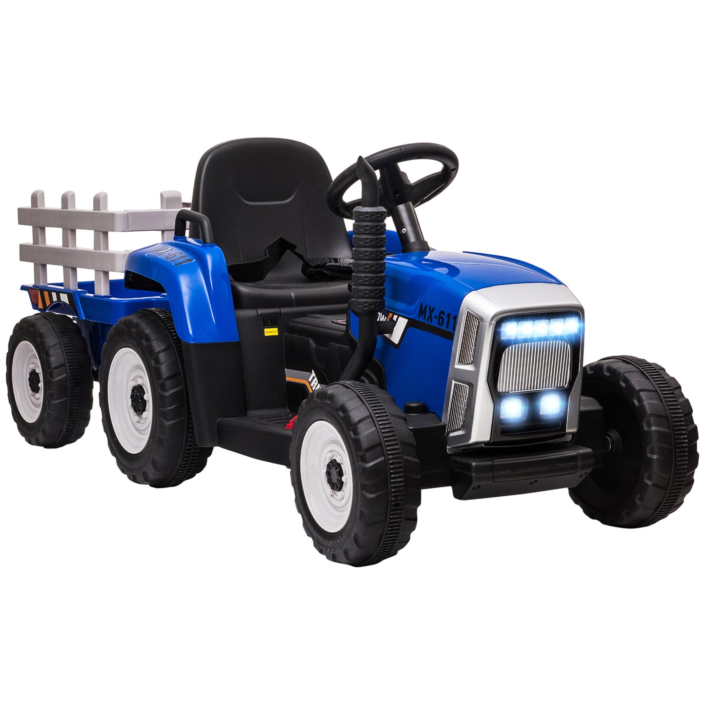 Photo of HOMCOM Ride On Tractor, Battery Powered Electric Car, with Detachable Trailer, Remote Control, Music, Blue in Blue colour on a white background