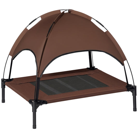 Photo of PawHut Outdoor Dog Bed with Removable Canopy, Portable Raised Dog Bed for Camping, Garden & Beach, Water-Resistant UV-Protection Mesh Pet Cot Sun Lounger, for Medium Pets, 76 x 61 x 73 cm, Brown in Brown colour on a white background