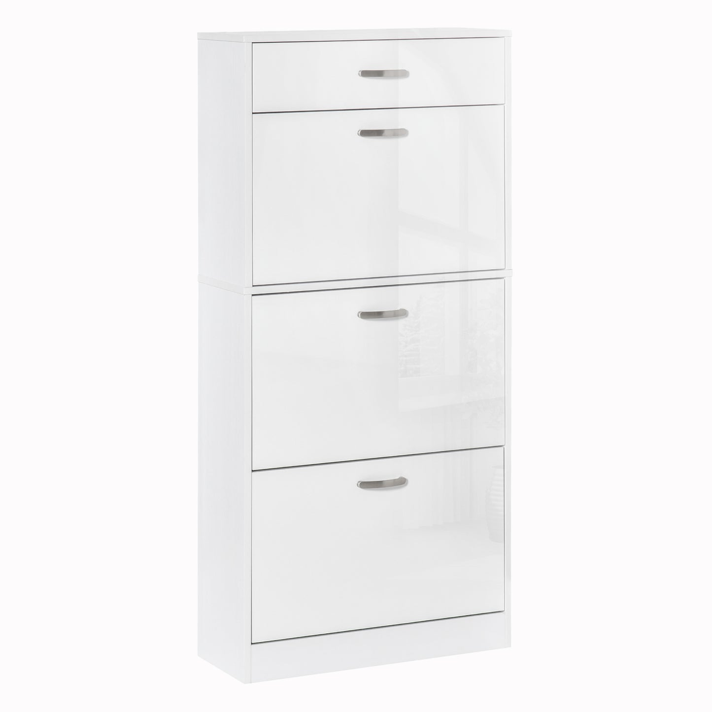 Photo of HOMCOM Shoe Cabinet with 3 Flip Drawers, High Gloss Shoe Storage Cabinet with Top Drawer and Adjustable Shelves, Shoe Cupboard for 18 Pairs, White in White colour on a white background