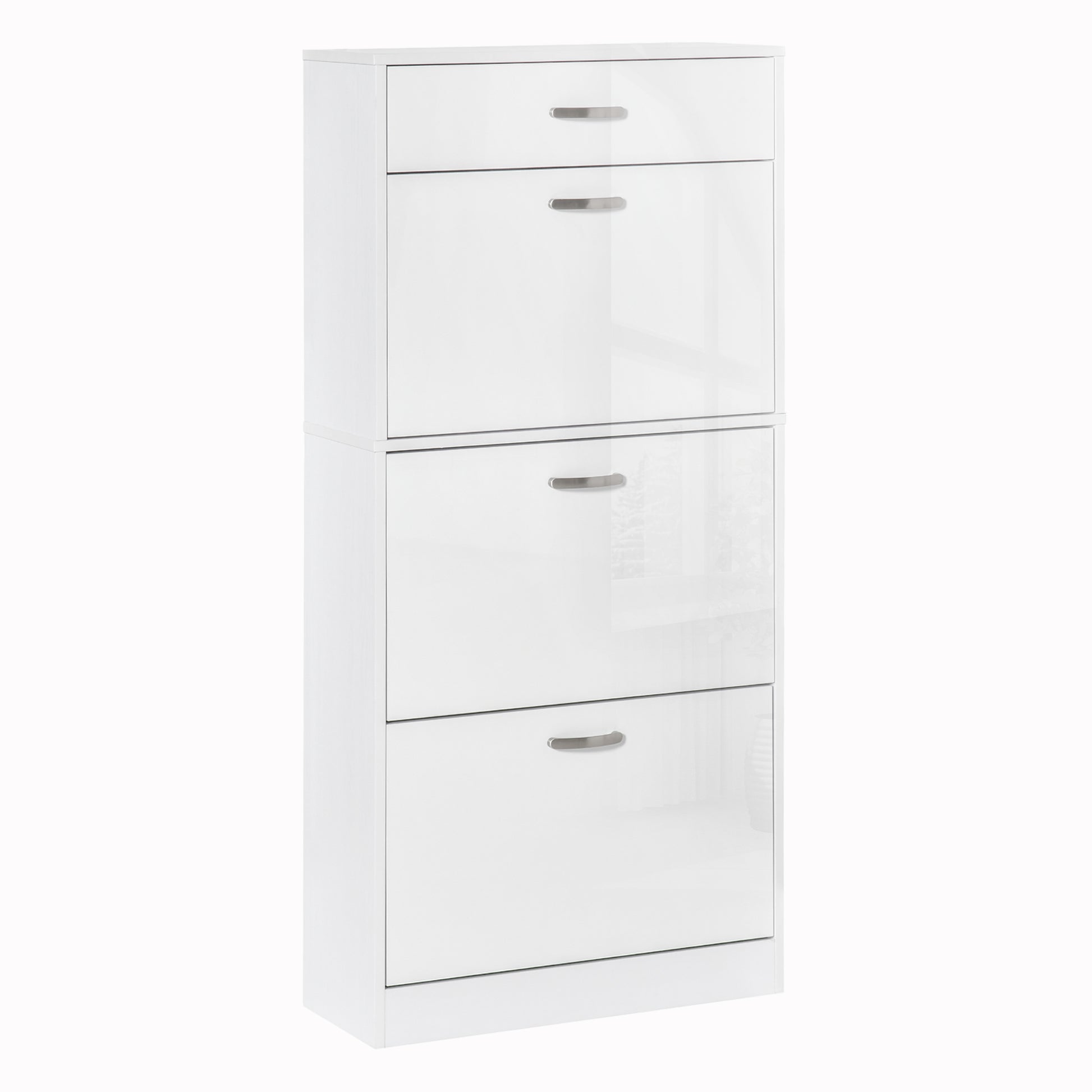 Photo of HOMCOM Shoe Cabinet with 3 Flip Drawers, High Gloss Shoe Storage Cabinet with Top Drawer and Adjustable Shelves, Shoe Cupboard for 18 Pairs, White in White colour on a white background