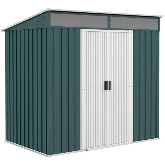 Photo of Outsunny 6.5 x 4FT Galvanised Metal Shed with Foundation Kit, Lockable Tool Garden Shed with Double Sliding Doors, Vents, Green in Green colour on a white background