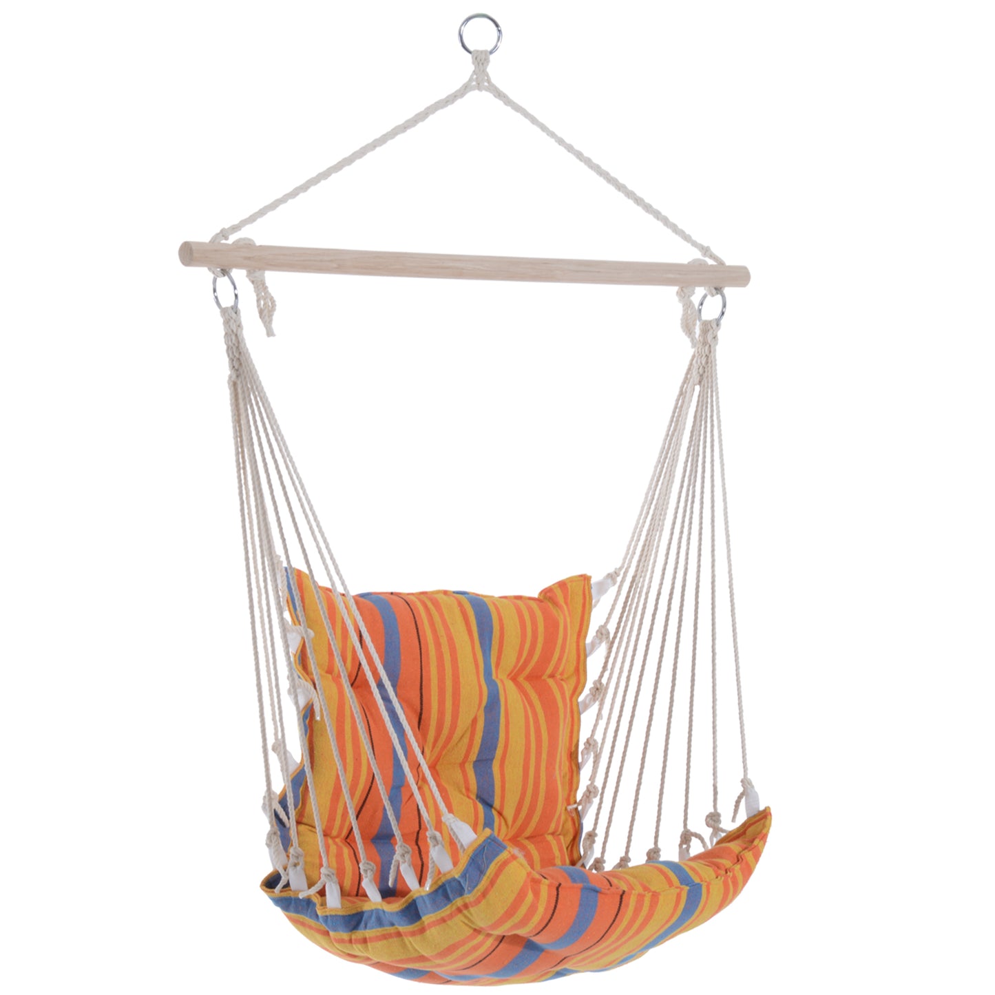 Photo of Outsunny Outdoor Hanging Rope Chair with Soft Padded Seat & Backrest, Garden Hammock Chair with Wooden Support Bar Cotton Cloth, Portable Garden Chair for Patio & Tree, Orange in Orange colour on a white background