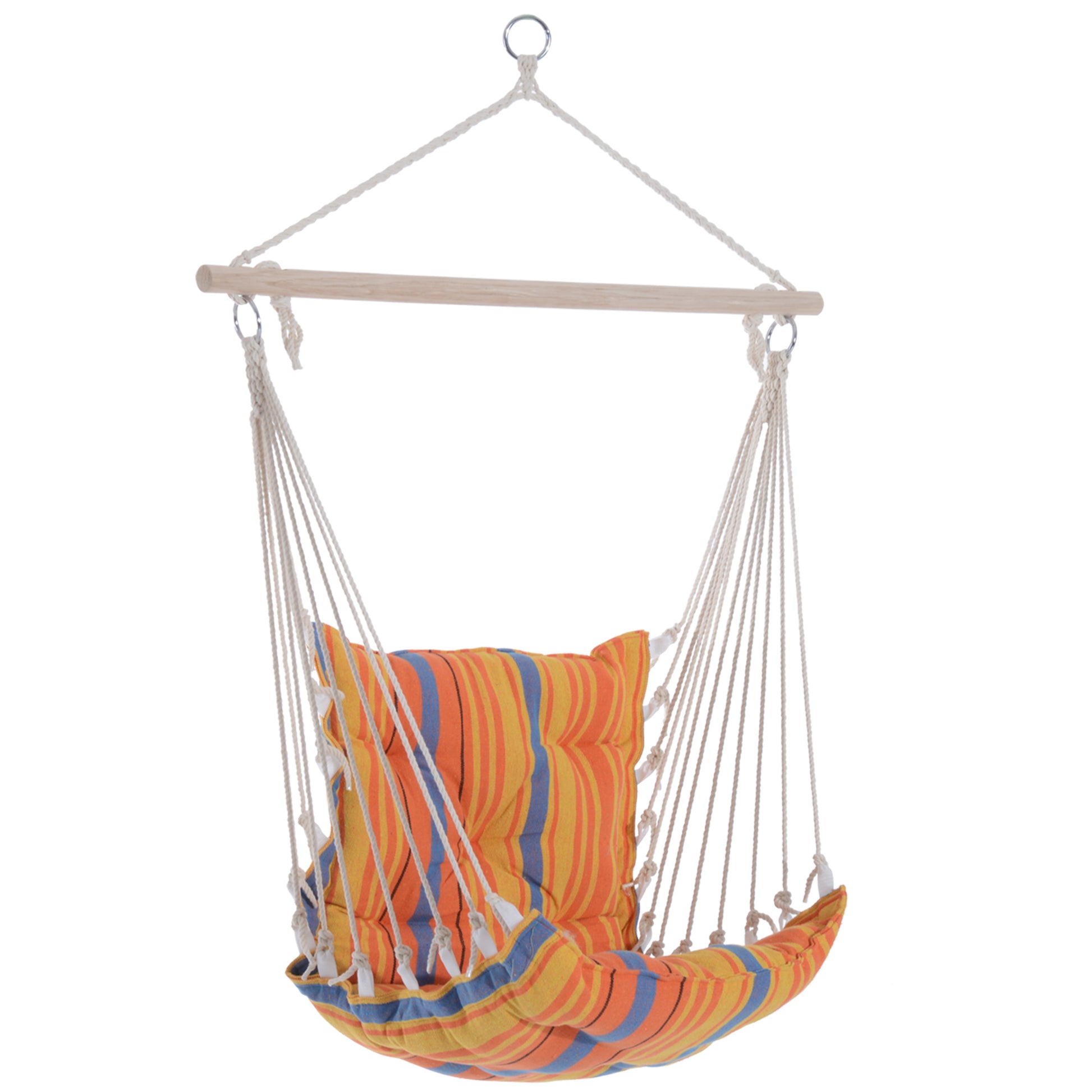 Photo of Outsunny Outdoor Hanging Rope Chair with Soft Padded Seat & Backrest, Garden Hammock Chair with Wooden Support Bar Cotton Cloth, Portable Garden Chair for Patio & Tree, Orange in Orange colour on a white background