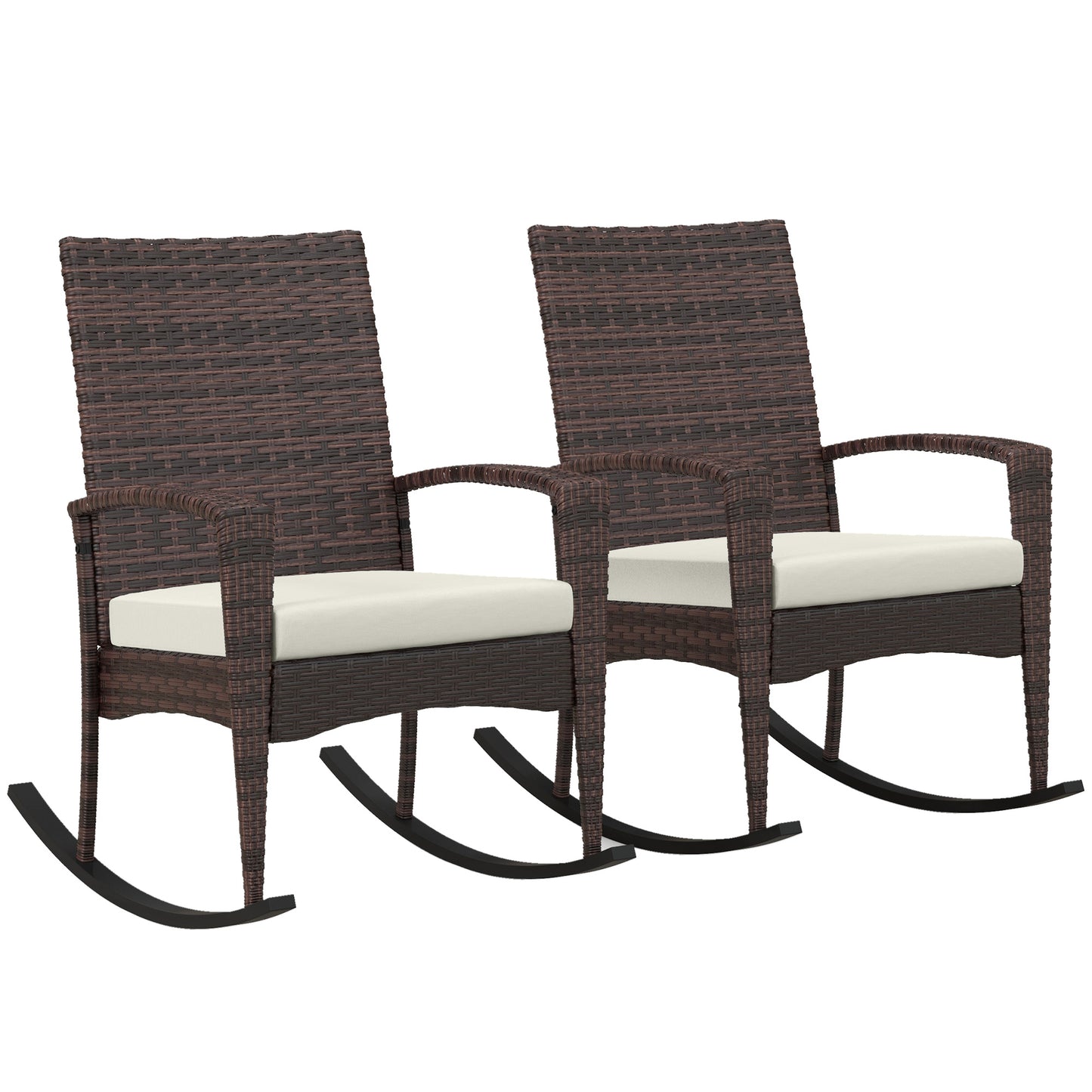 Photo of Outsunny Outdoor PE Rattan Rocking Chair Set of 2, Garden Rocking Chair Set with Armrest and Cushion, Brown in Brown colour on a white background