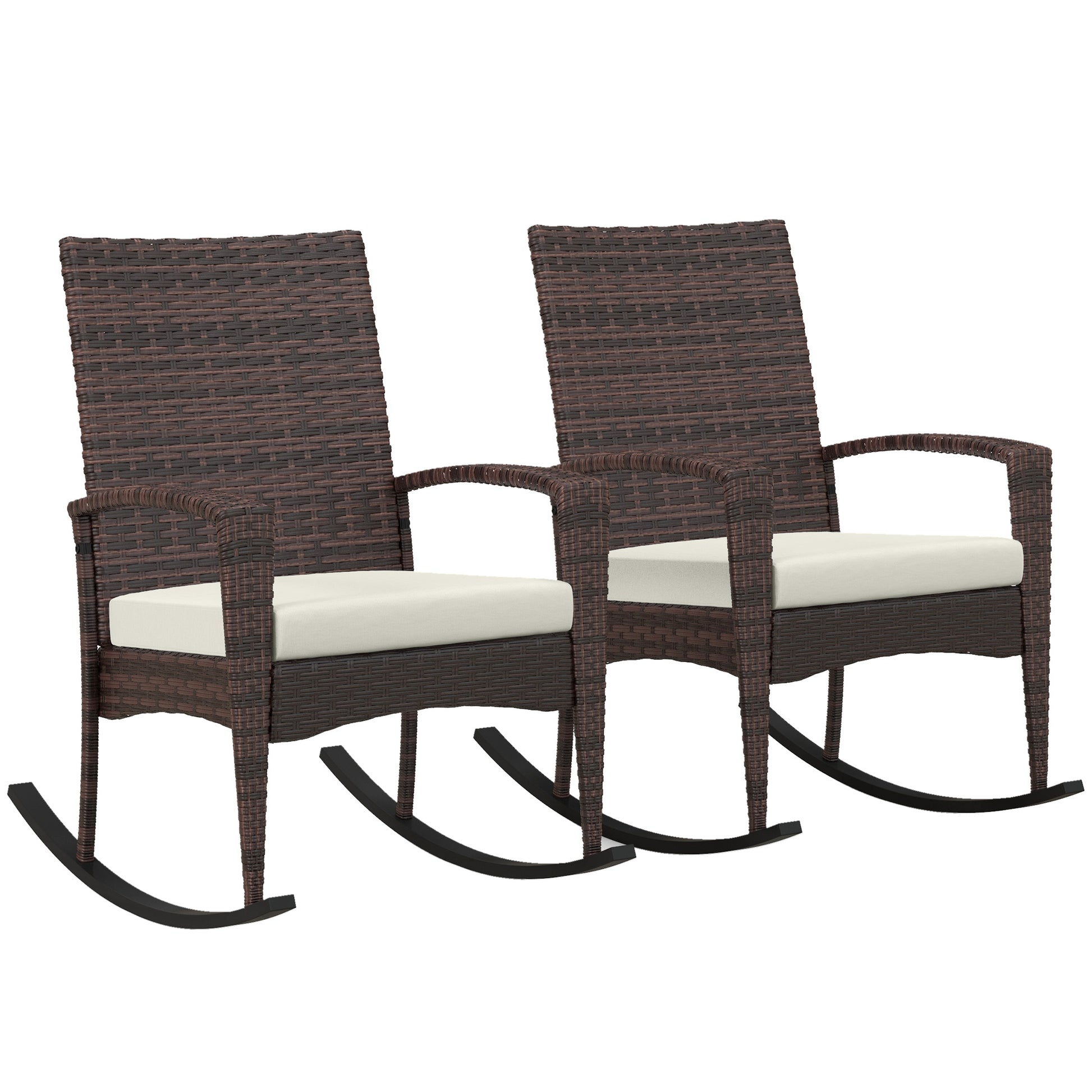 Photo of Outsunny Outdoor PE Rattan Rocking Chair Set of 2, Garden Rocking Chair Set with Armrest and Cushion, Brown in Brown colour on a white background