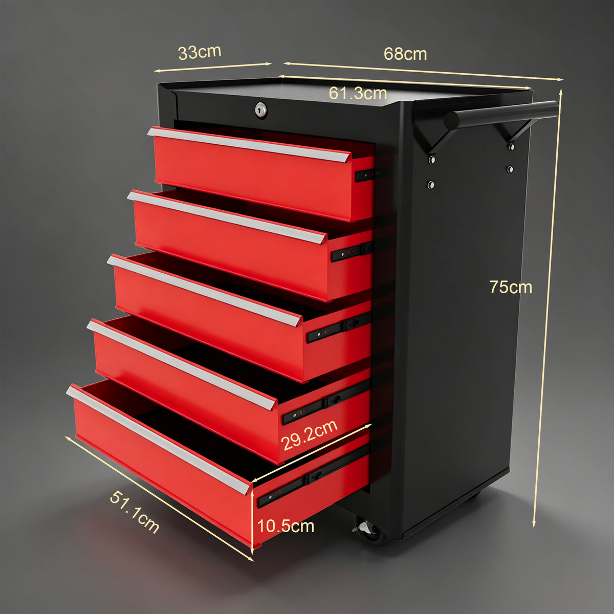 HOMCOM tool chest with five open red drawers, wheels, and side handle
