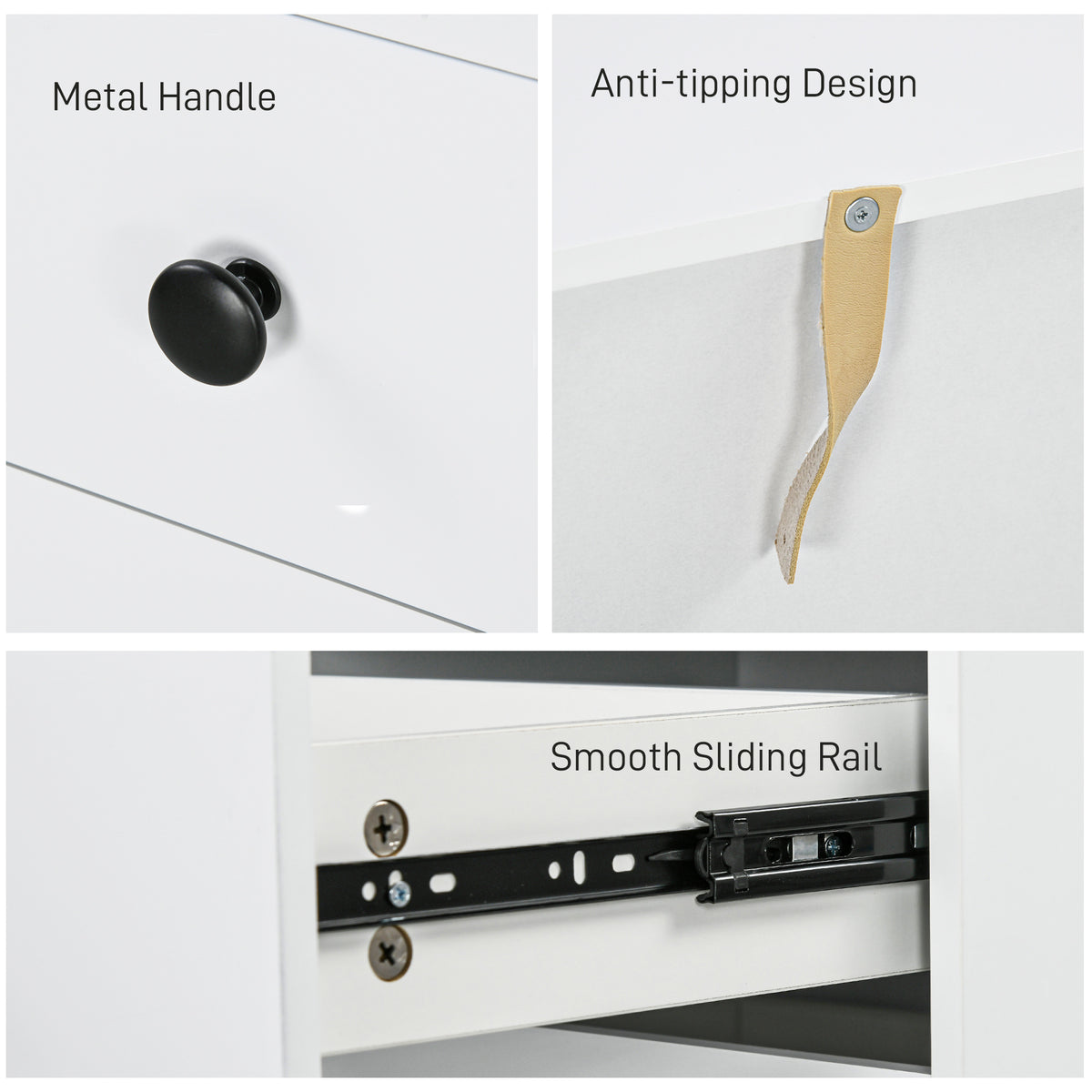 Bedside table details: black metal knob, anti-tip strap, and smooth drawer rail