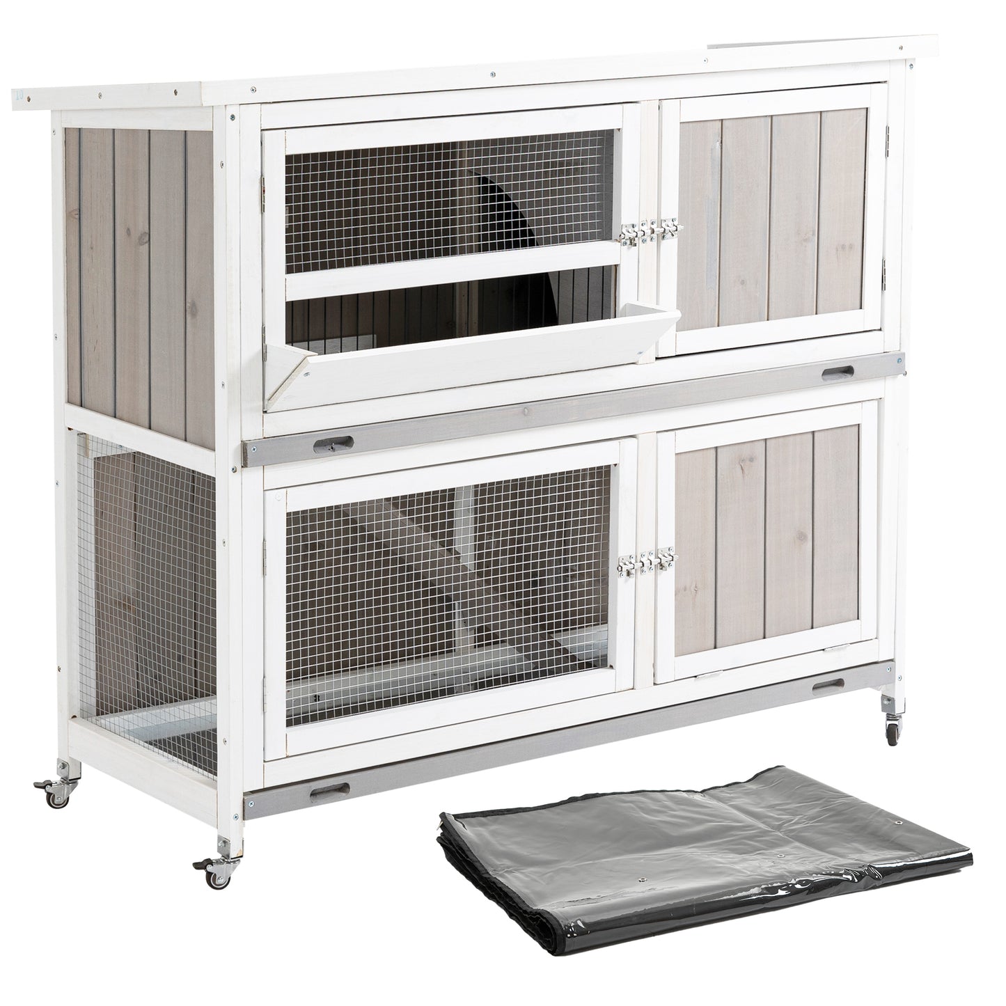 Photo of PawHut Wooden Pet Hutch, Two-Tier Cage with Rain Cover, Wheels, White in White colour on a white background