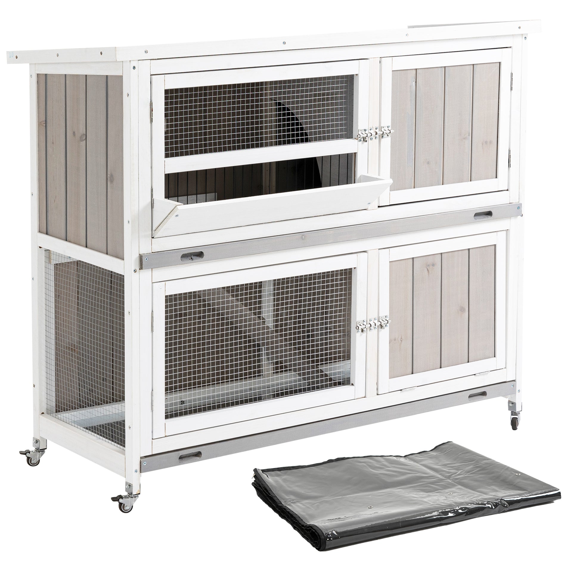 Photo of PawHut Wooden Pet Hutch, Two-Tier Cage with Rain Cover, Wheels, White in White colour on a white background