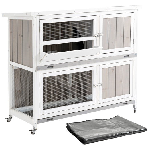 Photo of PawHut Wooden Pet Hutch, Two-Tier Cage with Rain Cover, Wheels, White in White colour on a white background