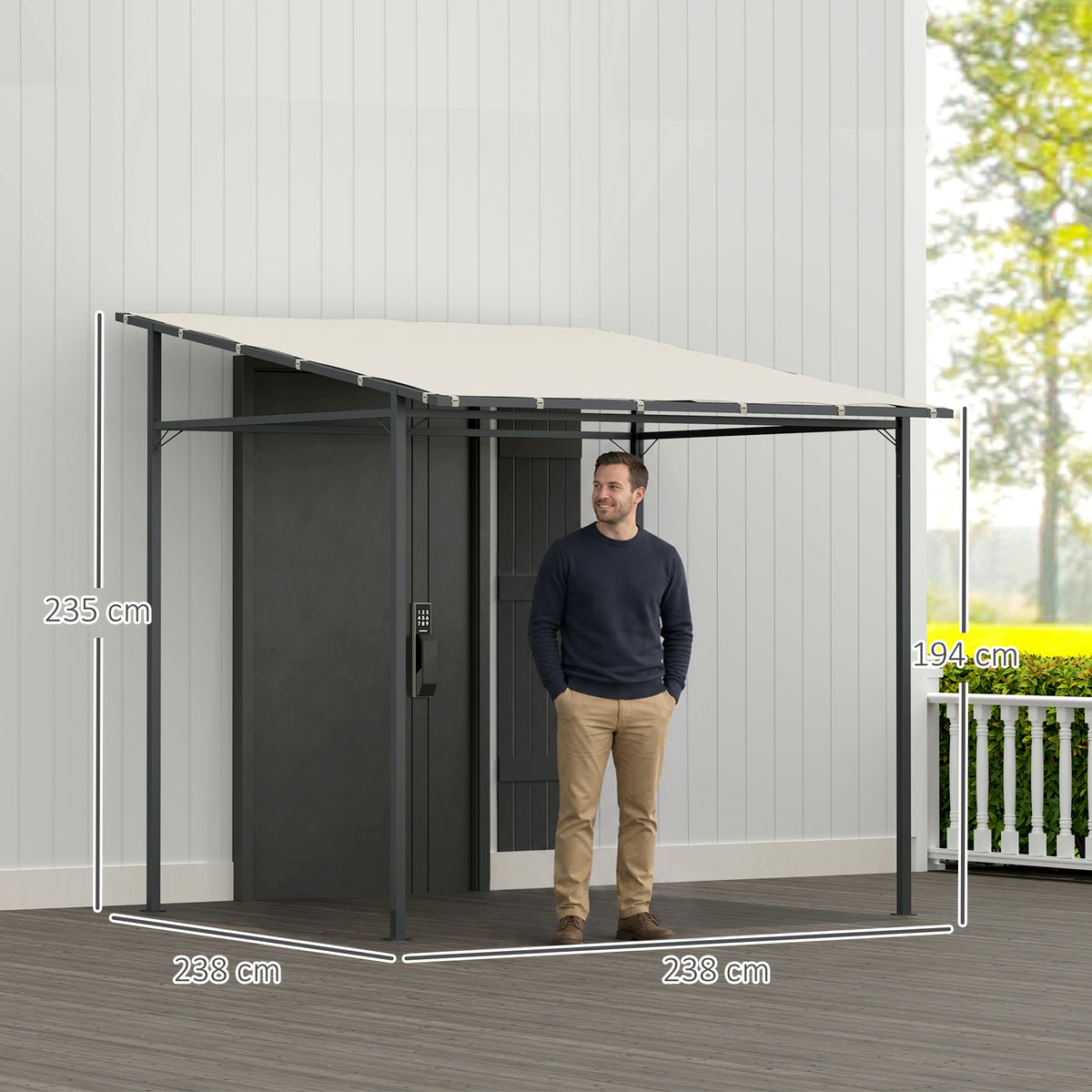 Outsunny lean-to pergola with cream canopy, shown with dimensions of 238 by 238 cm