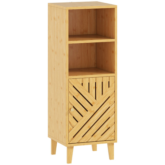 Photo of HOMCOM Slim Bathroom Cabinet with Bamboo Door and Legs, Narrow Bathroom Storage Cabinet, Freestanding Storage Cupboard with Open Compartments, 32 x 30 x 90 cm, Natural Wood Finish in Finish colour on a white background