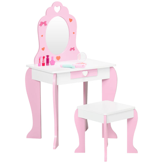 Photo of ZONEKIZ Kids Dressing table Set w/ Mirror, Stool, Drawer, Cute Patterns, for Ages 3-6 Years - Pink in Pink colour on a white background