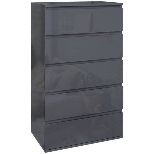 Photo of HOMCOM 5-Drawer Modern Dresser, High Gloss Storage Drawer Unit for Bedroom, Grey in Grey colour on a white background