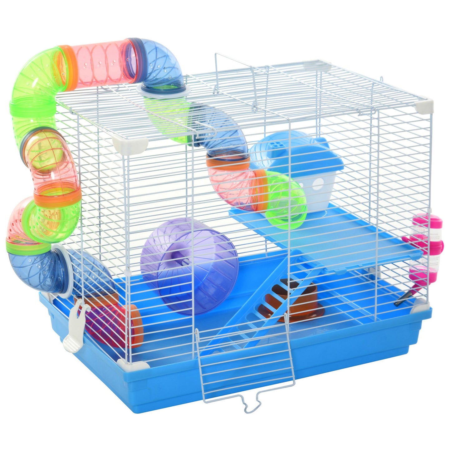 Photo of Pawhut 2 Tier Hamster Cage, Gerbil Cage with Handle, Exercise Wheels, Tunnel, Tube, Water Bottle, Dishes, Ladder, for Dwarf, Blue in Blue colour on a white background