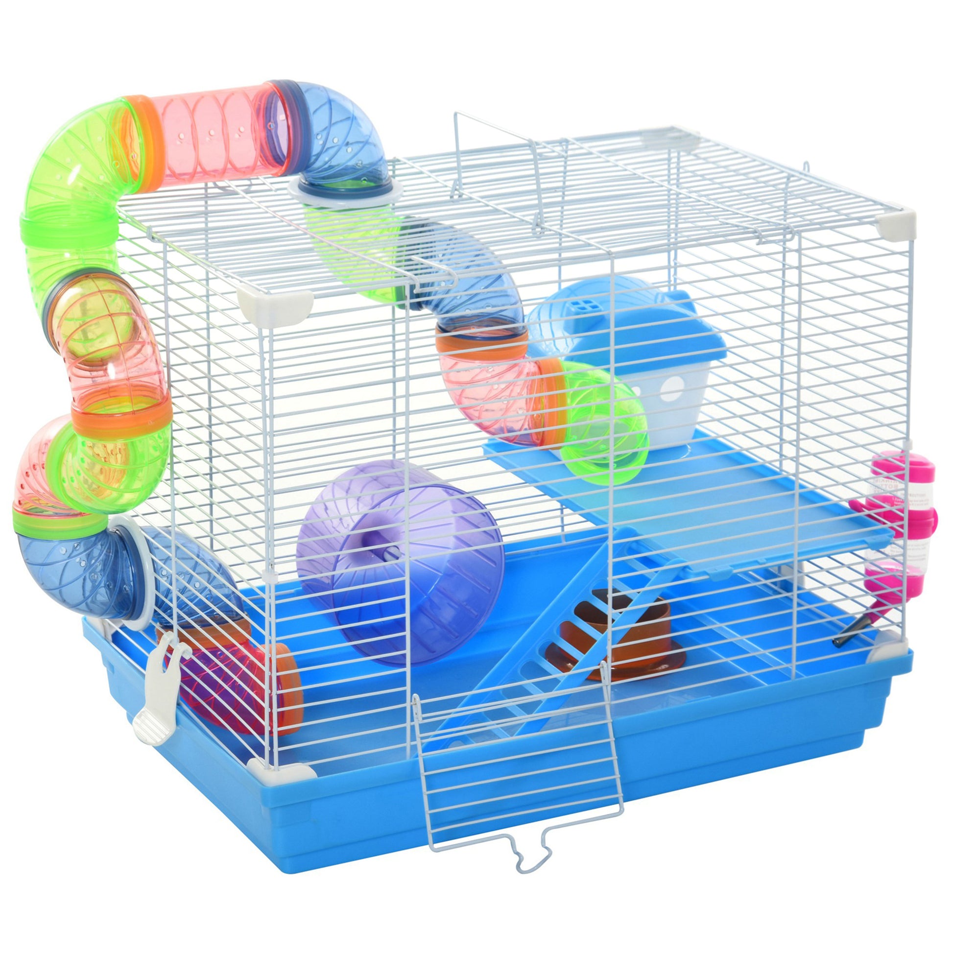 Photo of Pawhut 2 Tier Hamster Cage, Gerbil Cage with Handle, Exercise Wheels, Tunnel, Tube, Water Bottle, Dishes, Ladder, for Dwarf, Blue in Blue colour on a white background