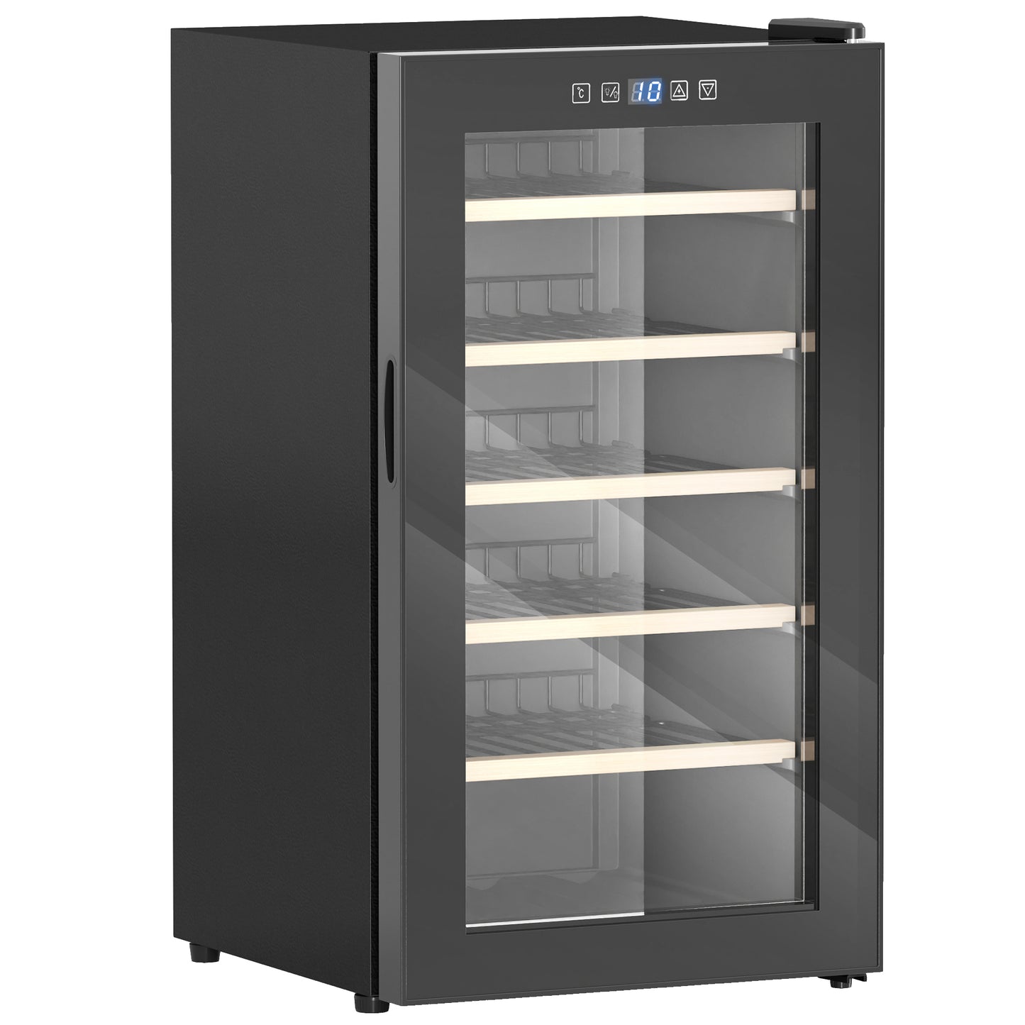 Photo of HOMCOM 41 Bottle Wine Fridge, 91 Litre Capacity, 45cm Freestanding Wine Cooler Fridge with Glass Door, LED Light, Digital Touch Screen, Temperature Control, Black in Black colour on a white background