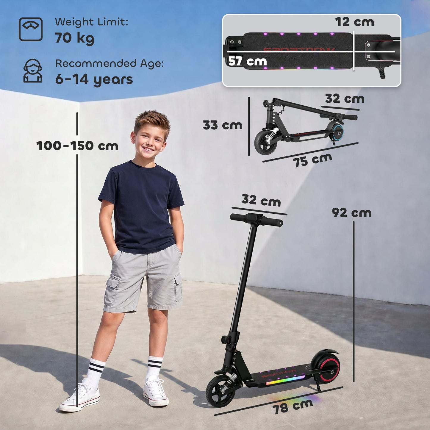 SPORTNOW Folding Electric Scooter for Kids, with Dual Brakes, Front Suspension, LED Colourful Lights, Black