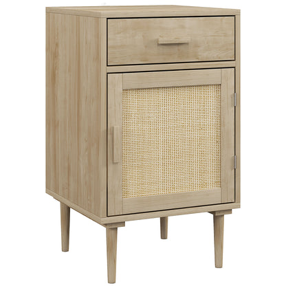 HOMCOM natural wood effect bedside table with drawer, rattan cabinet door and tapered legs