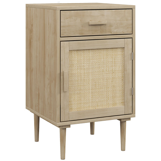 HOMCOM natural wood effect bedside table with drawer, rattan cabinet door and tapered legs