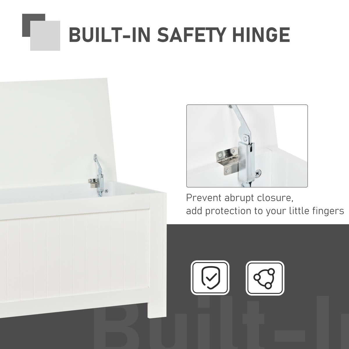 White storage chest with open lid and close-up of its built-in safety hinge
