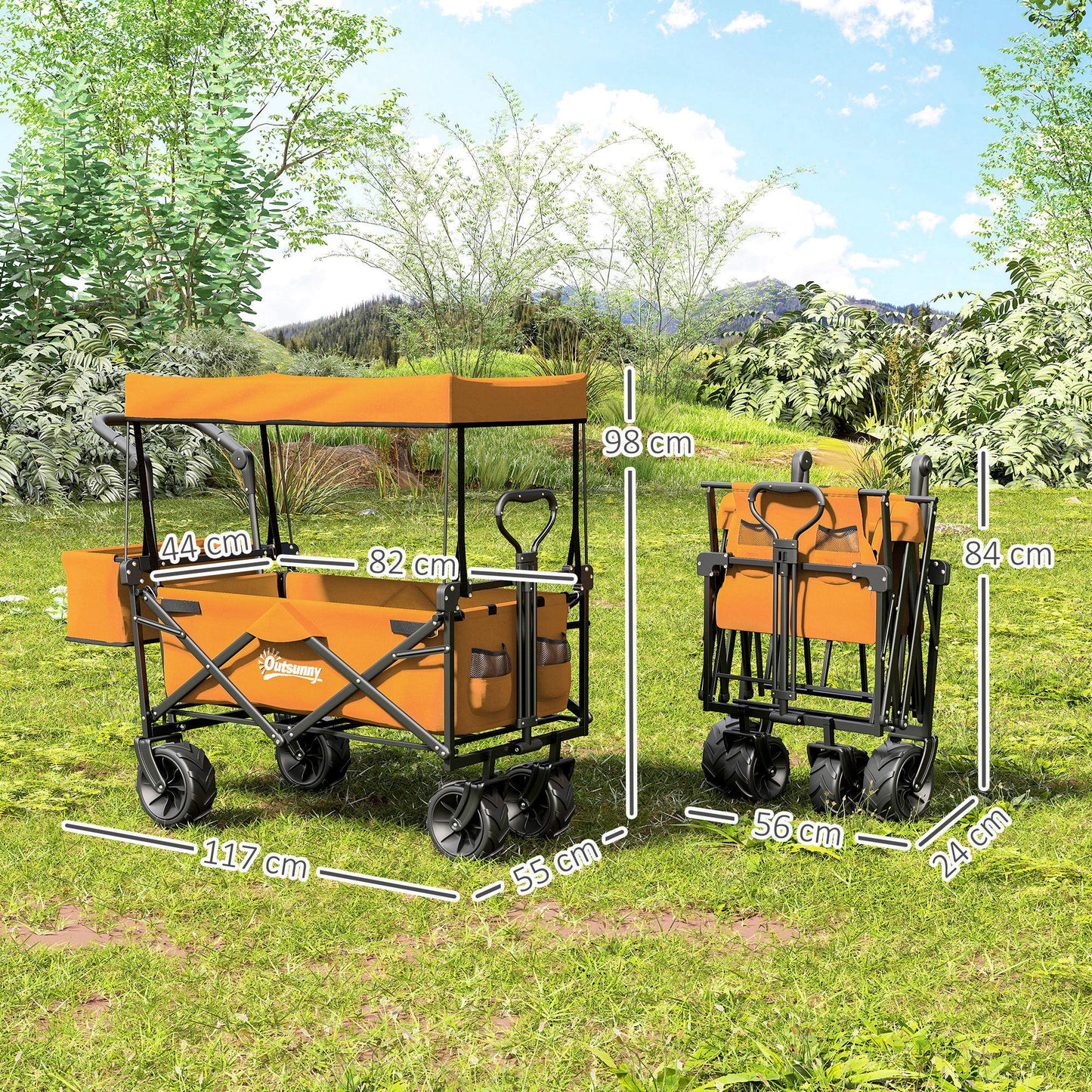 Outsunny 180L Festival Trolley on Wheels, Push & Pull Beach Cart with Removable Canopy, Wide All-Terrain Wheels, Folding Camping Trolley Cart, Adjustable Handle for Garden Fishing Shopping, Orange