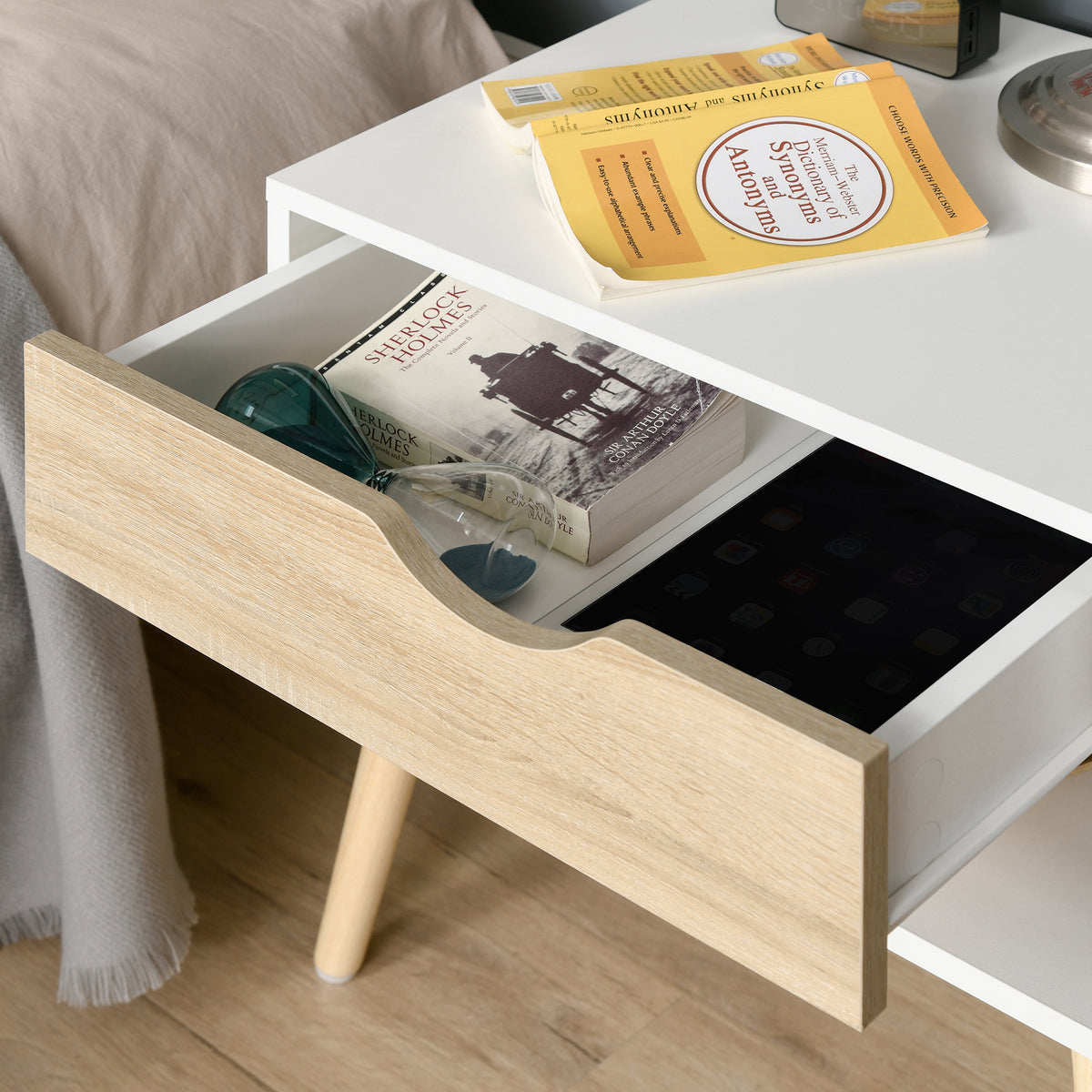 HOMCOM bedside table with its drawer open, showing storage space