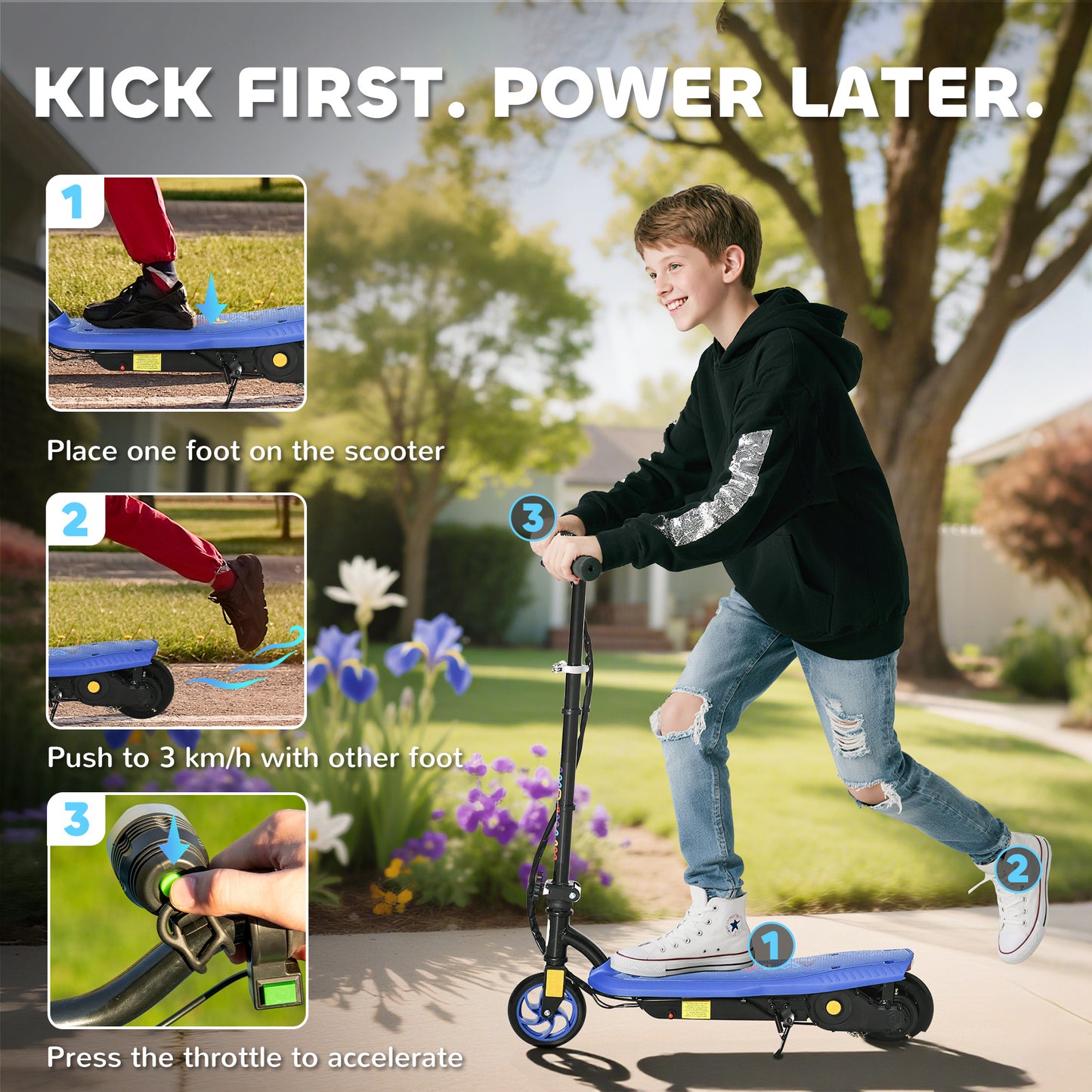 HOMCOM Foldable Electric Scooter, with LED Lights, for Ages 7-14 Years, Blue