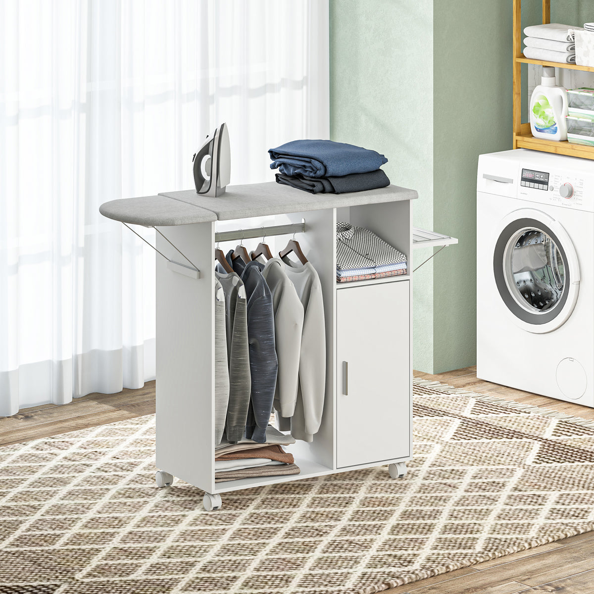 White rolling ironing board cabinet with hanging rail, shelves, and foldable side board