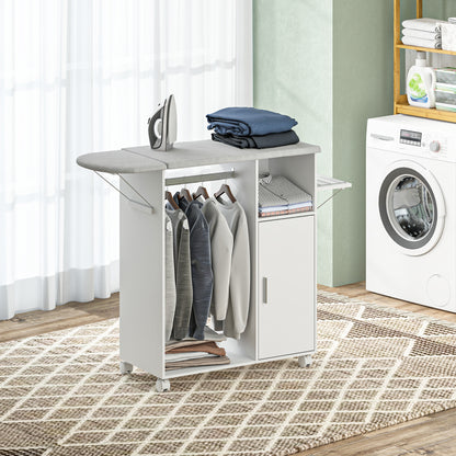 White rolling ironing board cabinet with hanging rail, shelves, and foldable side board