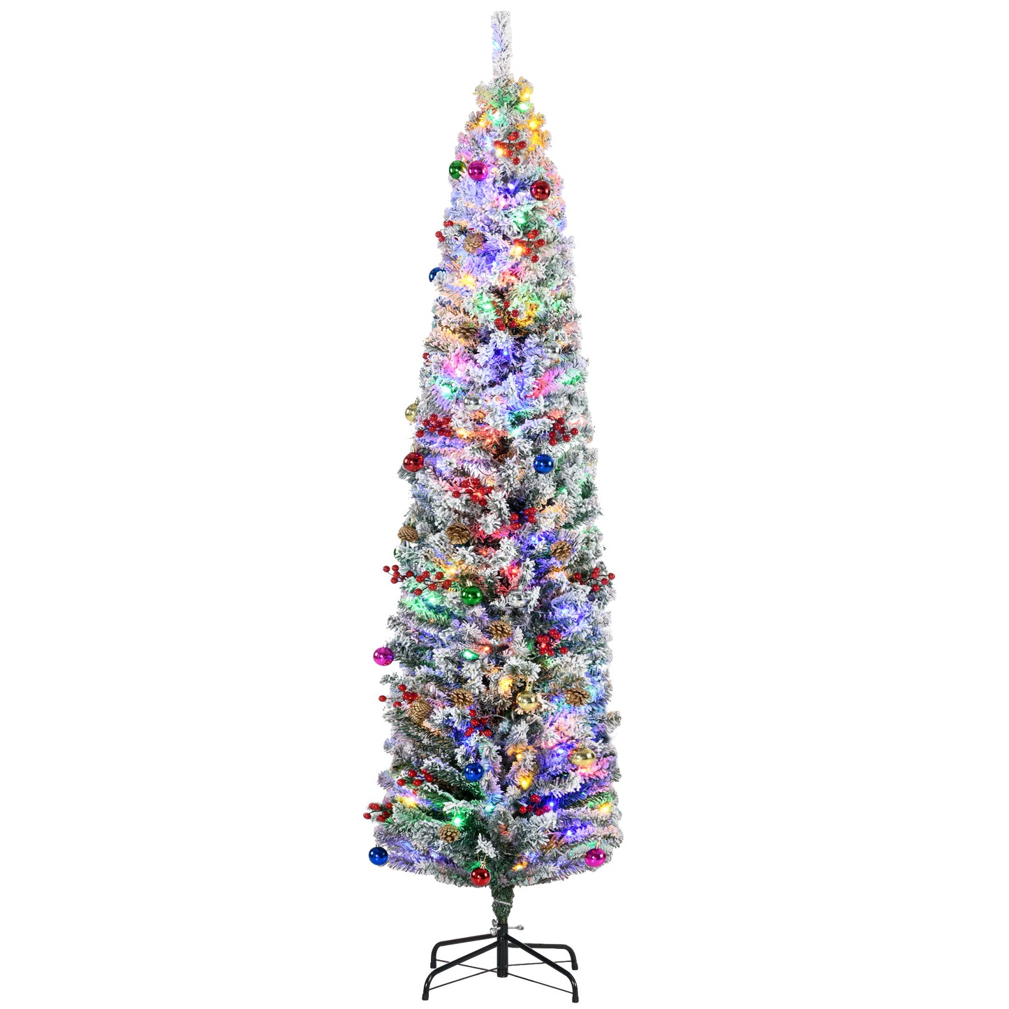 Photo of HOMCOM 7ft Snowy Artificial Christmas Tree, with Lights, Decorations and Pine Cones in Cones colour on a white background