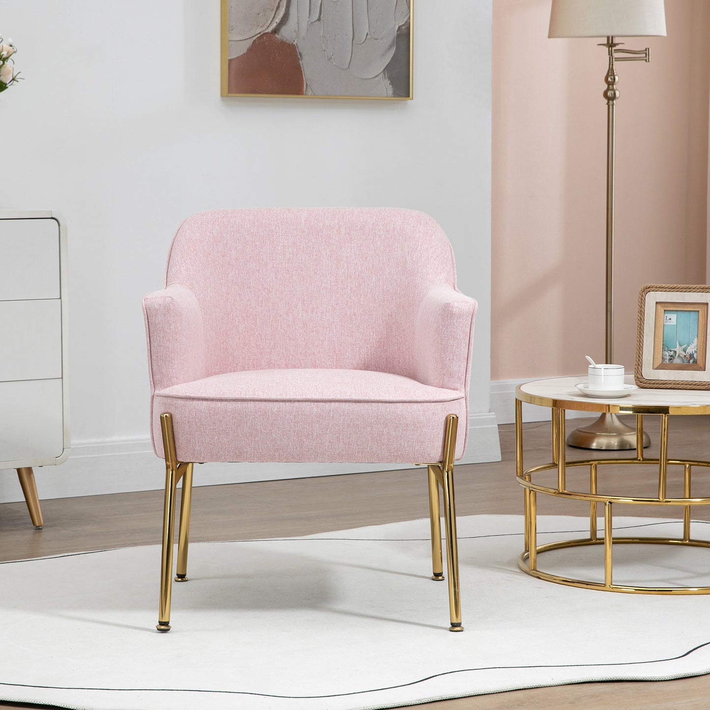 HOMCOM Accent Chair, Living Room Armchair, Vanity Chair with Gold Plating Metal Legs and Soft Padded Seat for Bedroom and Café, Set of 2, Pink