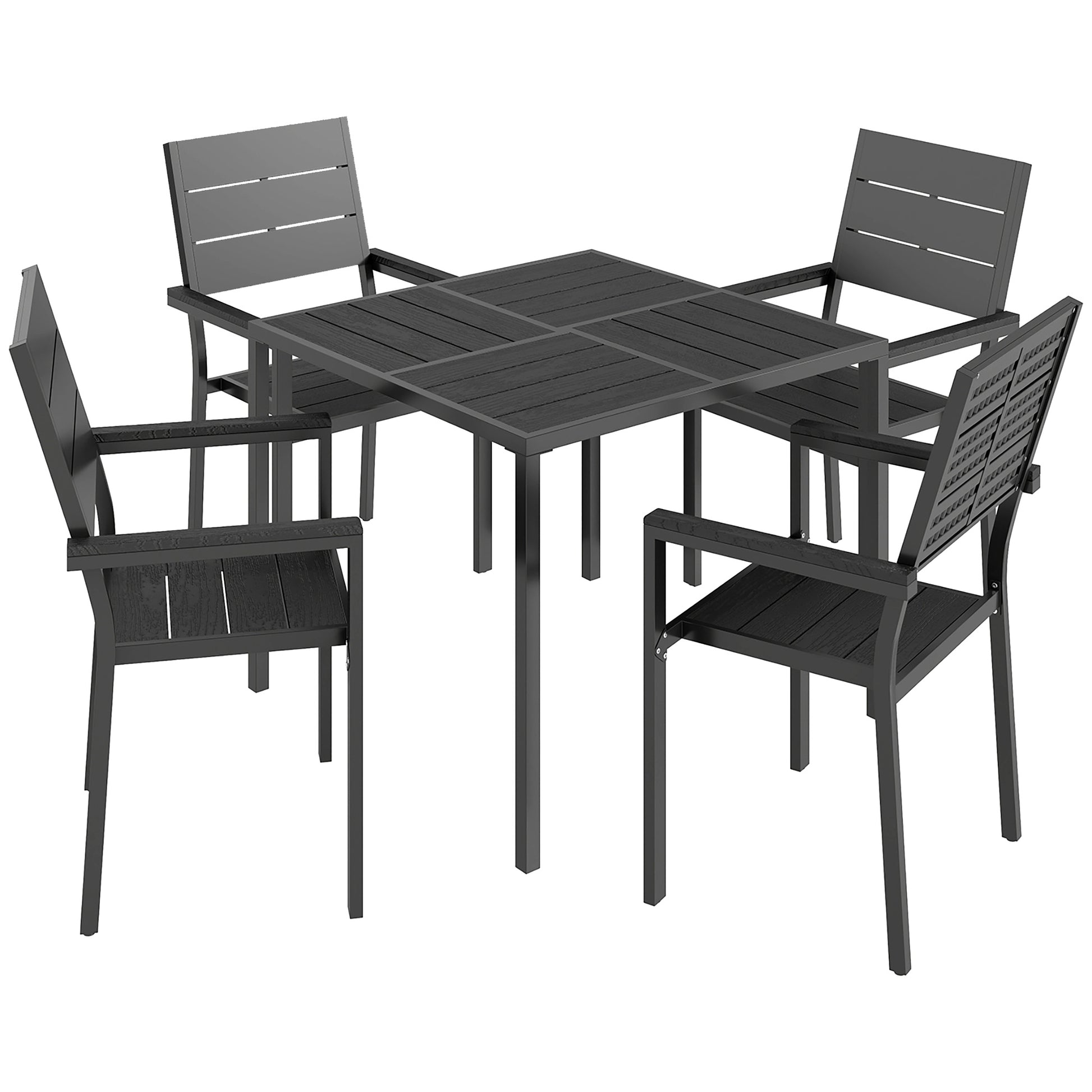 Photo of Outsunny 5 Pieces Garden Dining Set, Garden Table and Chairs Set for 4 with Square HDPE Table and Chairs with Armrests, Black in Black colour on a white background