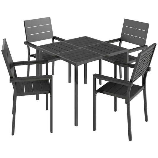Photo of Outsunny 5 Pieces Garden Dining Set, Garden Table and Chairs Set for 4 with Square HDPE Table and Chairs with Armrests, Black in Black colour on a white background