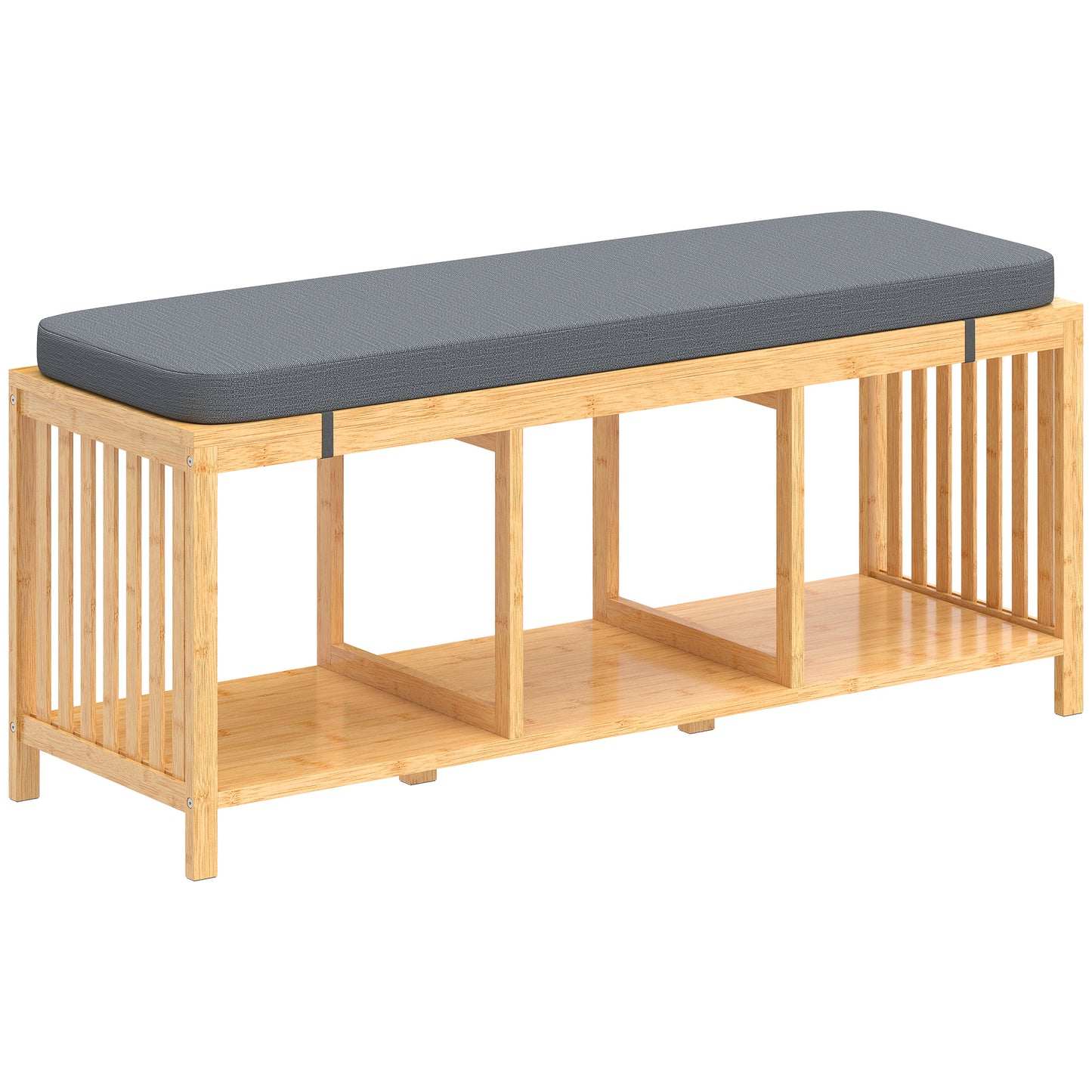 Photo of HOMCOM Bamboo Shoe Bench, Entryway Storage Bench with Padded Cushion and Open Shelf, Natural Wood Finish in Finish colour on a white background