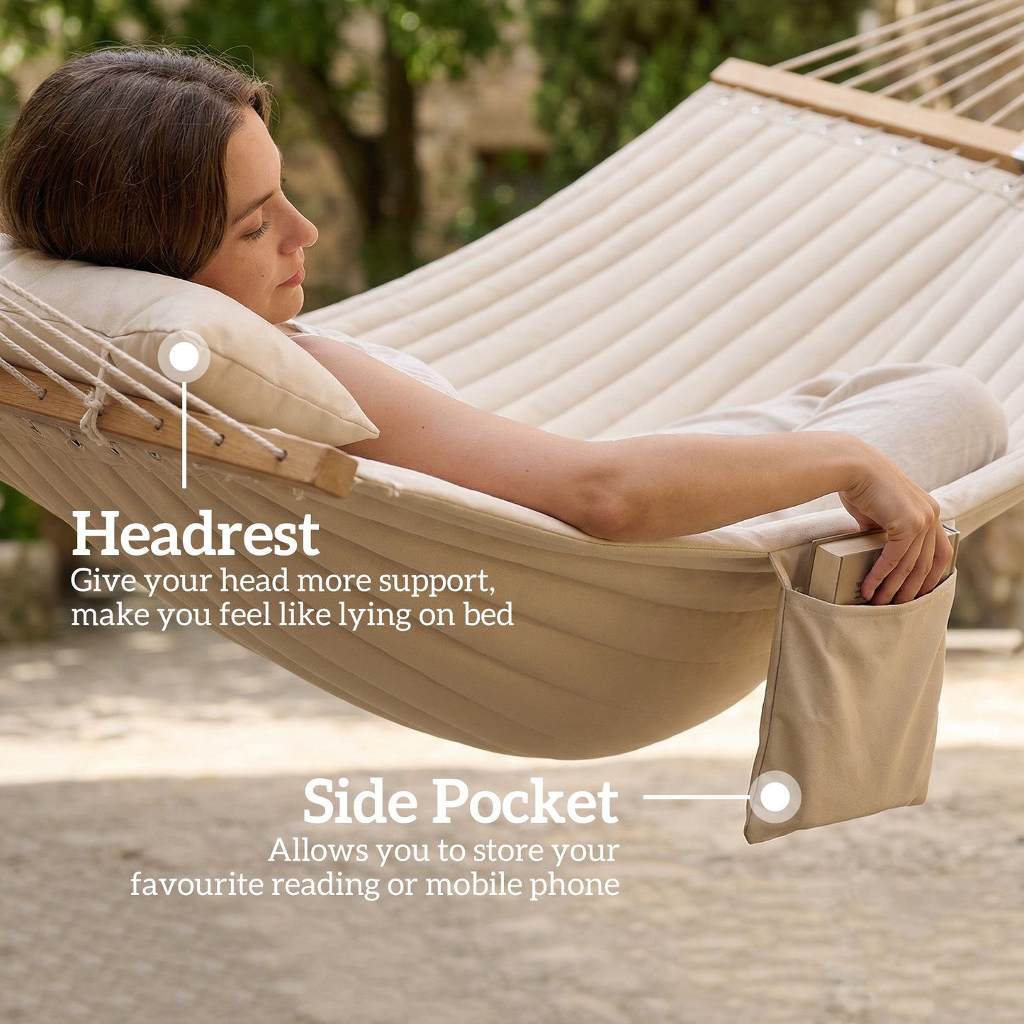 Outsunny Double Hammock 2 Person Swing Bed with Spreader Bars, Pillows, Pad, 200 x 140cm, Cream White