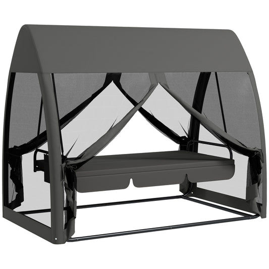 Photo of Outsunny Three-Seater Convertible Swing Chair/Bed, with Curtained Canopy - Grey in Grey colour on a white background