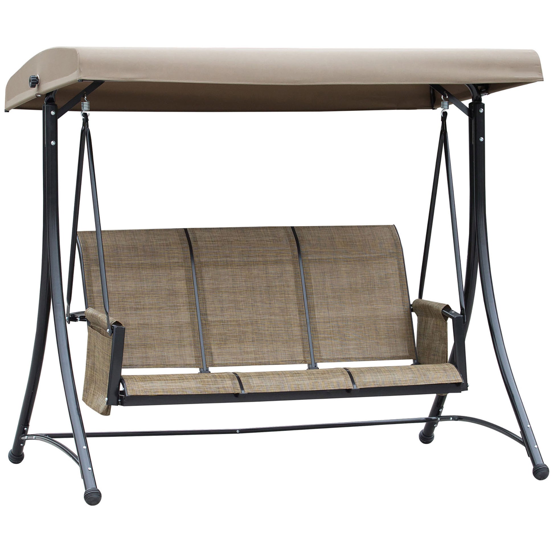 Photo of Outsunny 3 Seater Garden Swing Seat Outdoor Swing Chair with High Back Design, Steel Frame, Side Pouches, Adjustable Canopy, Brown in Brown colour on a white background