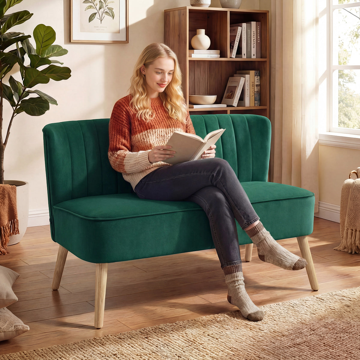 HOMCOM 117cm Loveseat Sofa Upholstered Small 2 Seater Sofa  with Thick Padded Seat and Rubber Wood Legs, Dark Green