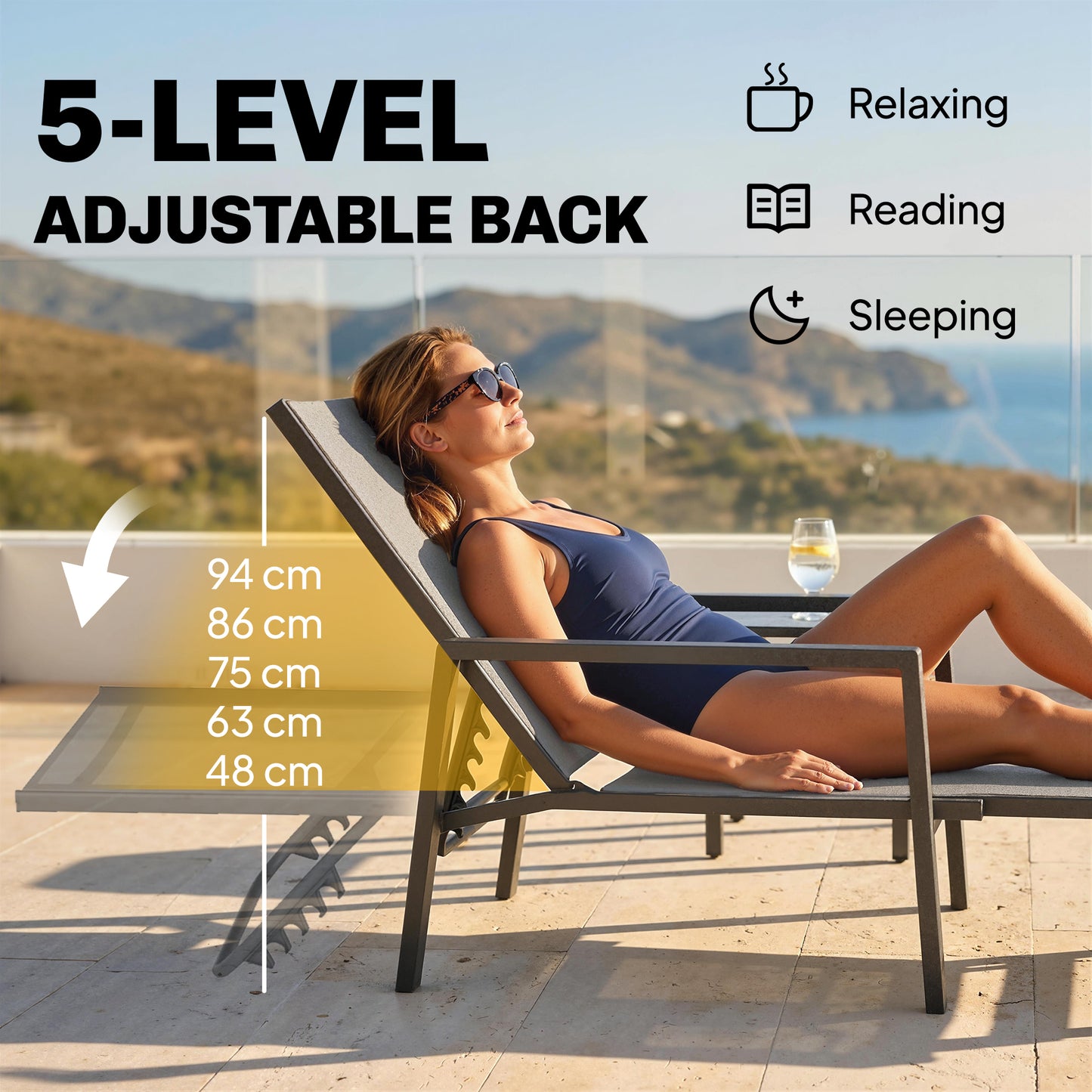 Outsunny Sun Loungers Set of 2 Retractable Footrest 5-Position Adjustable Steel Frame for Beach, Porch, Patio, Camping, Dark Grey