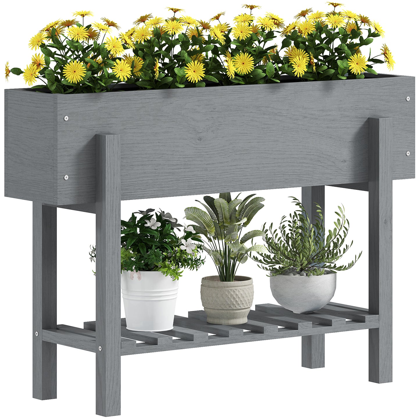 Photo of Outsunny Wooden Two-Tier Raised Planter, Two Drainage Holes, 35L - Grey in Grey colour on a white background