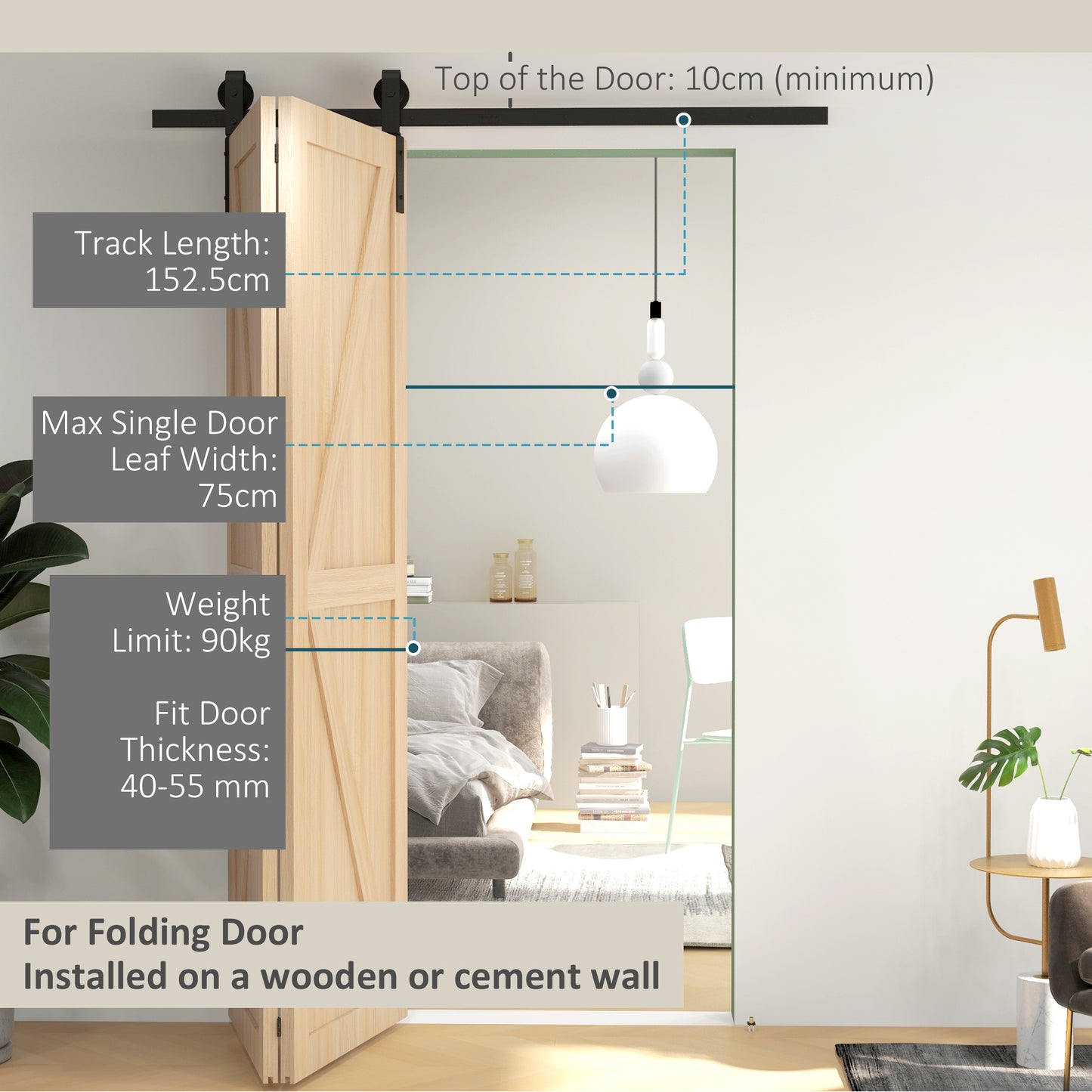 HOMCOM 5ft Bi-Folding Sliding Barn Door Hardware Kit - Black