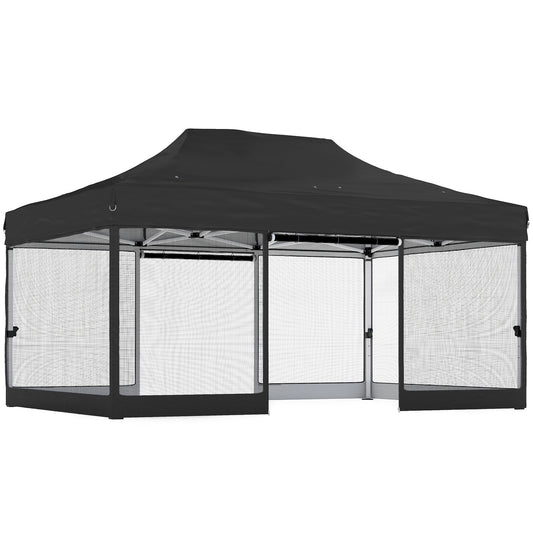 Photo of Outsunny 3 x 4.5 m Pop Up Gazebo with Mesh Nettings, UPF50+ Heavy Duty Outdoor Garden Party Tent Marquee, Black in Black colour on a white background