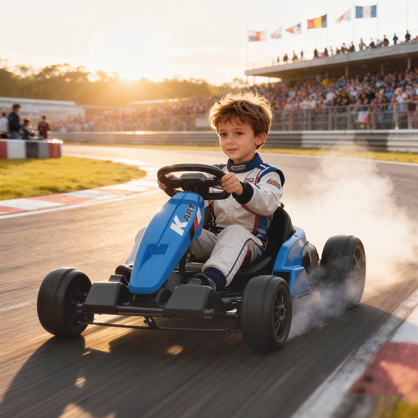 AIYAPLAY 24V Electric Go Kart, Drift Kart with Adjustable Seat, Slow Start, 5-Point Harness, Music, for 6-12 Years, Blue
